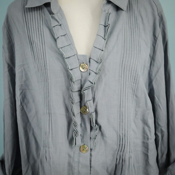 Soft Surroundings Plus Size 1X Gray Ruffle Pleated Button Linen Blend Tunic Top - Picture 2 of 6